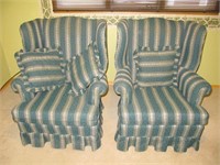 Pair Upholstered Wing Back Chairs& Accent Cushions