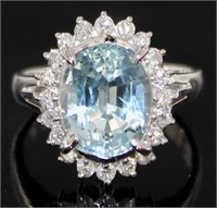 Platinum 3.32 ct Natural Aquamarine & Diamond Ring
