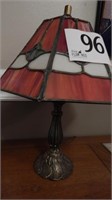 BRASS LAMP WITH STAINED GLASS SHADE 15 IN