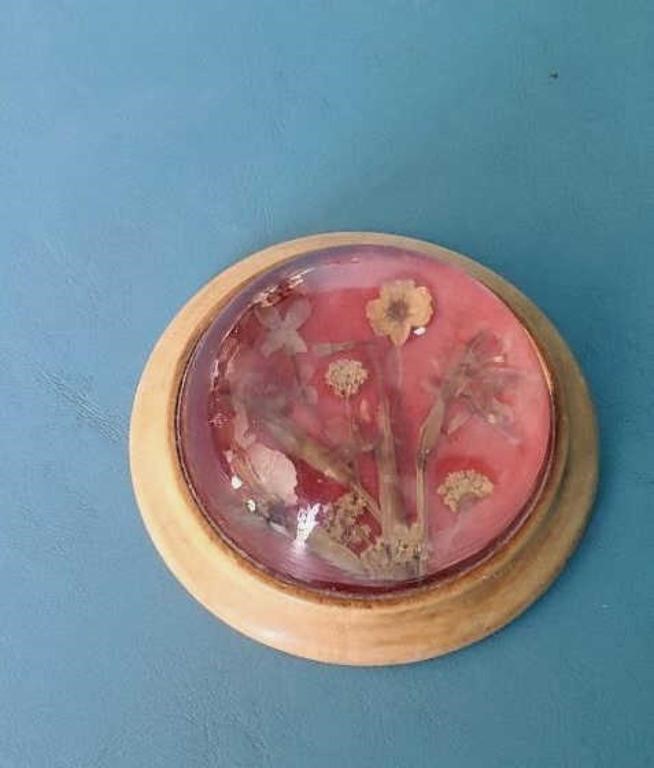 Vintage dried flowers glass paperweight