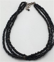 Black Stone Beaded Necklace W Sterling Clasp