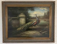 Peacock in Courtyard Painting Signed ? Richard