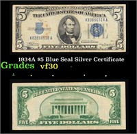 1934A $5 Blue Seal Silver Certificate Grades vf++