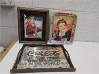 Coca Cola Clock & Metal Tray & Mirror Tray