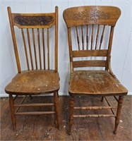 2 Oak Pressed Back Dining Chairs, Antique