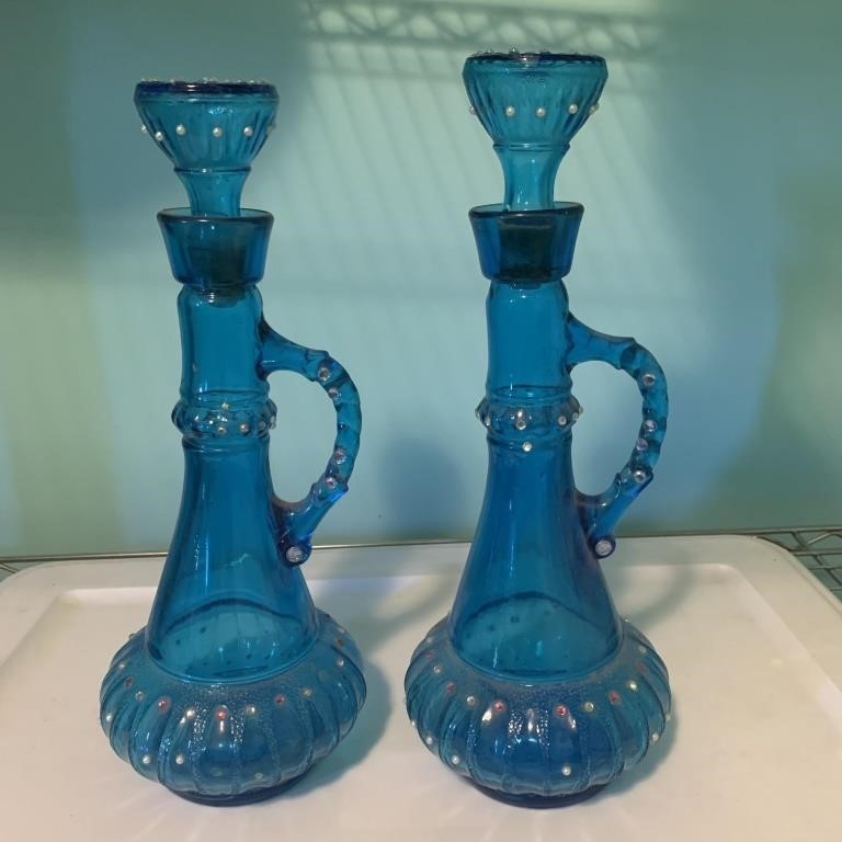 Pair of Vintage Azure Blue Cut-Glass Jim Beam