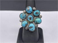 NAVAJO STERLING SILVER TURQUOISE CLUSTER RING