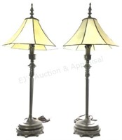 Pair Slag Glass, Bronze Tone Base Table Lamps