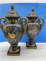 Pair Of Hand Painted Dark Floral Urns / Vases