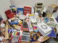 Office supplies, calculators, markers,
