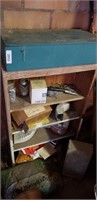 Wooden Box, Contents & Particle Board Shelf &