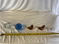 2 Glass Paper Weights & 2 Glass Birds