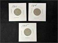 3 U.S. V Nickels - 1901, 1904 & 1905