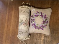 NEEDLEPOINT BOLSTER PILLOW AND LAVENDER WREATH