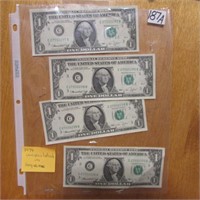 4 - 1974 US $1 BILLS IN SEQUENCE