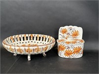 Floral Pottery Footed Basket & Lidded Canister