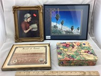3 Vintage Framed Prints & Godiva Chocolatier Box
