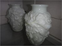 2 Victorian Floral Molded Milk Glass Vases