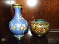 Blue Cloisonné 7" Vase & Early 3.5" Multi-Floral D