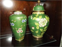2 Green Cloisonné Pcs - Vase & Ginger Jar