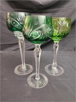 3 green crystal glasses