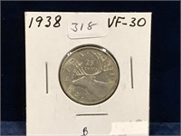 1938  Canadian Silver 25 Cent Piece  VF30