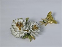 2 Vintage Trembler Brooches: Bee & Floral