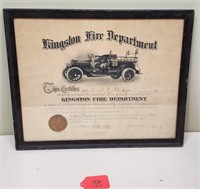 1917 Kingston NY Fire Dept Certificate