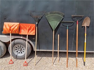 Garden tools. 2 snow shovels
 . Metal leaf rake.