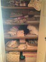 5 shelves w/ contents, blankets & linens
