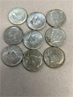 (9) 1967 silver Kennedy half dollars