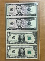 2 USA Uncut Pairs of Bills 2x$1,2x$5-Rare