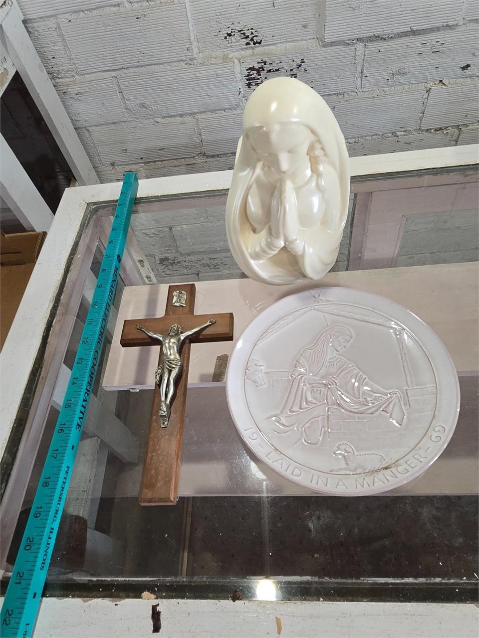 Crucifix, Haeger Virgin Mary planter, Frankoma pla