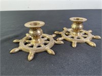 Brass Ship’s Wheel Nautical Candle Holders (2)