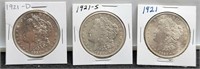 (3) 1921 Morgan Silver Dollar AU+: P,D,S