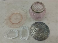Two glass soap dishes, glass and silver plate