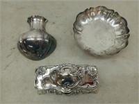Silver plate wall pocket, bowl, jewelry box