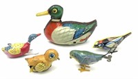 5 Vintage Tin Litho Wind Up Birds