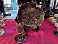 ORNATE MAROON PLATE AND CANDLE HOLDER