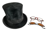 Vtg. Beaver Silk Top Hat & Glasses