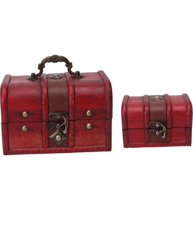 (New) 2Pcs Wooden Treasure Chest Red Retro Style