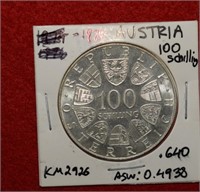 1974 Austria 100 Silver Schilling ASW 0.4938