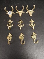9 Small Brass Hangers: Sea Horse, Anchor, Steer