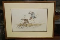 Framed Watercolor of Redhead Ducks Landing in