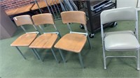 3 wooden and metal chairs and 1 folding chair