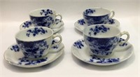 4 Flow Blue Duchess Cups And Saucers