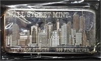 10 Troy Oz .999 Fine Silver Wall Street Mint Bar