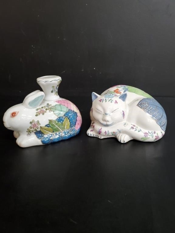 Bunny and Cat porcelain Figures