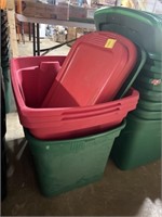 (3) Red and (1) Green Plastic Totes with Lids
