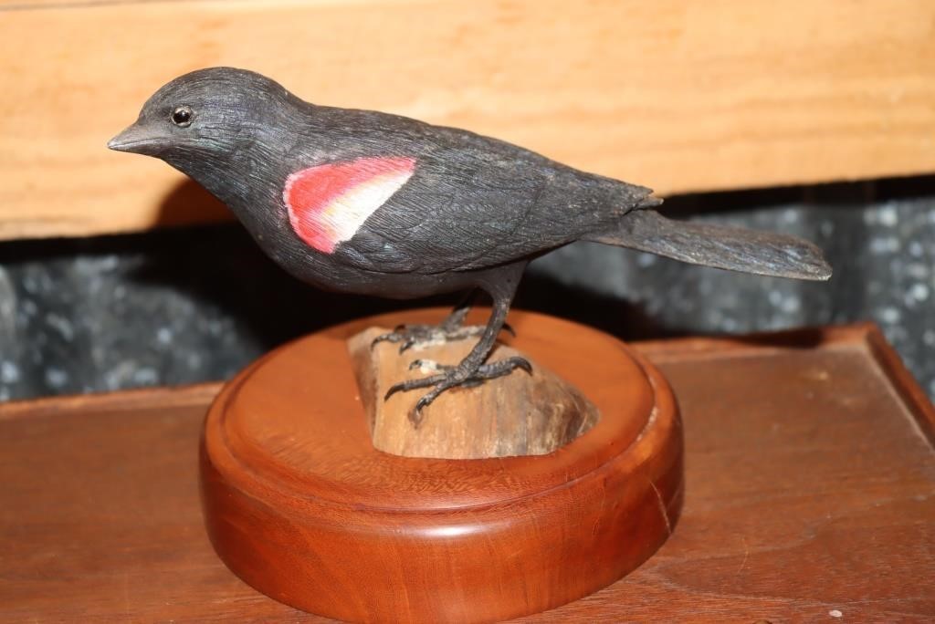 Redwing blackbird carving mounted on wood by Beau